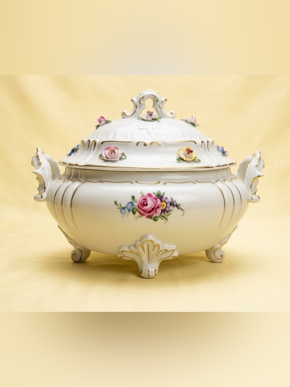 von Schierholz Porcelain Floral Tureen with Gold Trim @ 3D flowers